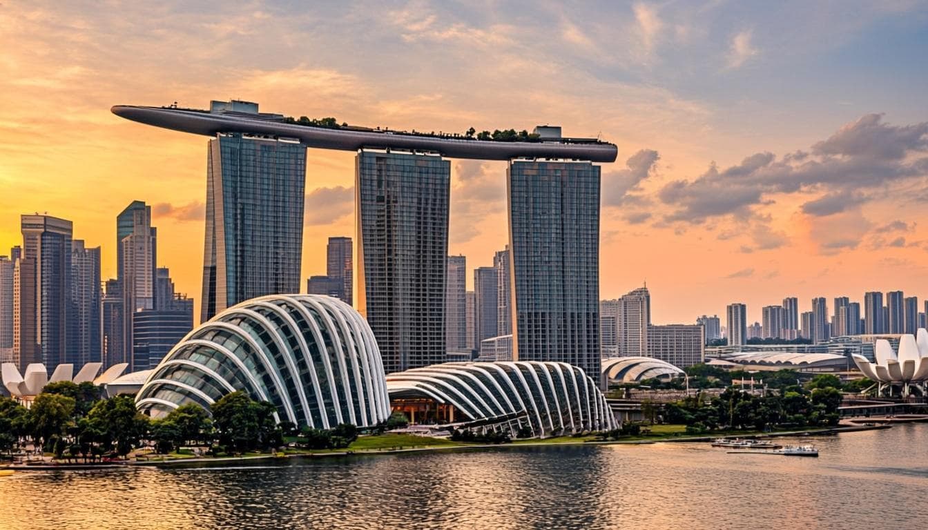 Cinematic 3D render of Singapore Marina Bay Sands skyline at golden hour